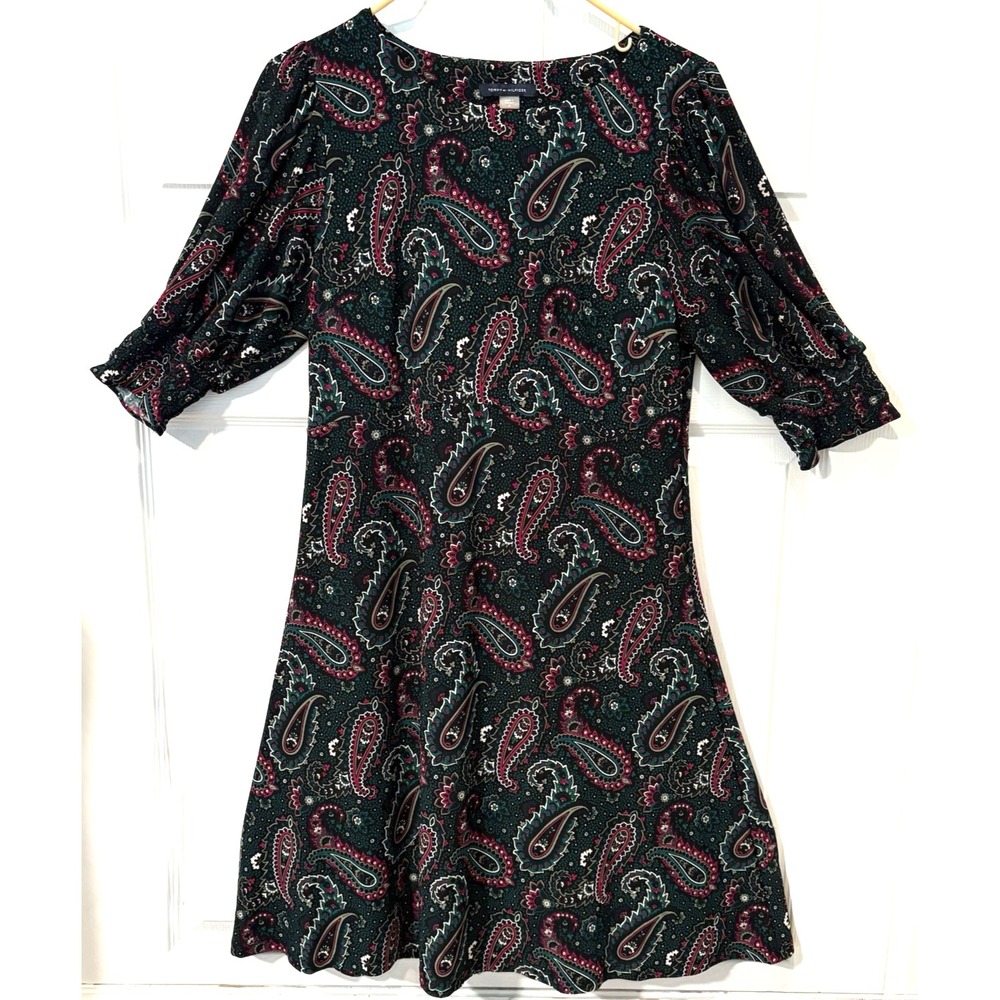 Tommy Hilfiger Womens Paisley Dress Size 8 Black Pink Green 3/4 Sleeve Fit Flare